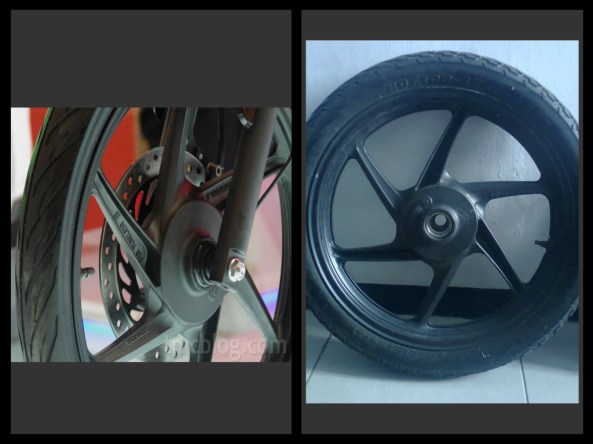 velg depan CB150R (kiri) dengan velg depan New Megapro150 (kanan)