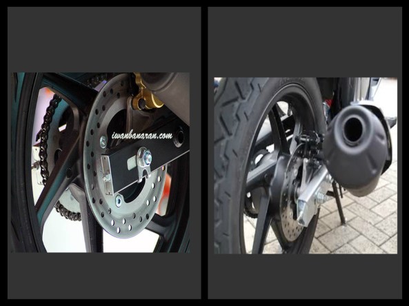 velg belakang CB150R (kiri) dan velg belakang new Megapro (kanan)